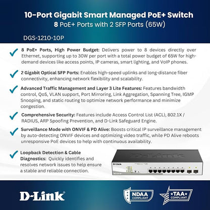 D-Link 10-Port Gigabit Smart Managed PoE+ Switch | 8 PoE+ Ports + 2 SFP Ports | - Image 4