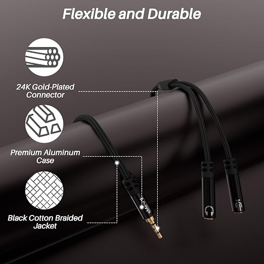 1/8inch Aux Headphone Splitter 2 Way Cable 6FT, 3.5mm 1 Male to 2 Female Mic - Image 2