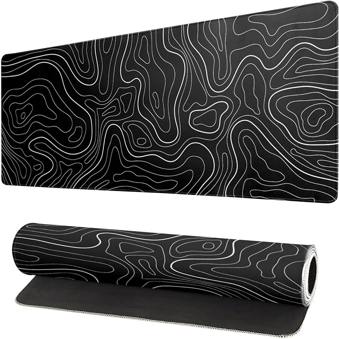 Topographic Contour Black Gaming Mouse Pad XL Geographic Map Lines Extended Big by Siski