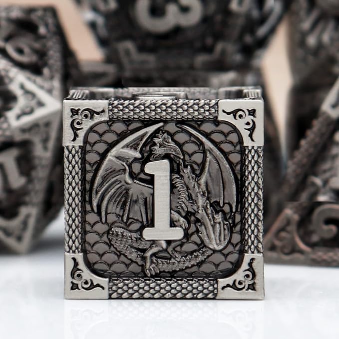 PJOY Metal DND Dice Set Antique Silver Dragon Scale D&D Polyhedral Dice - Image 2