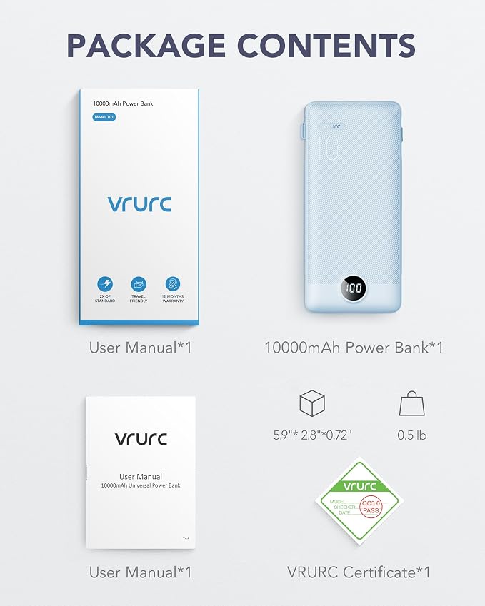 VRURC Portable Charger Built-in Cables and AC Wall Plug, USB C Power Bank - Image 8