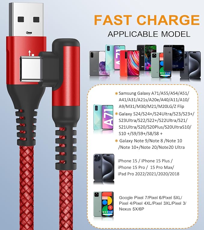sweguard USB Type C Charger Cable Right Angle iPhone 16 Charger Nylon Braided - Image 3