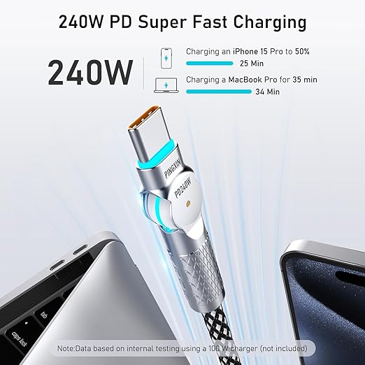 USB C to USB C Cable10ft, 240W 2-Pack Braided 180°Rotating Type C Charging - Image 2
