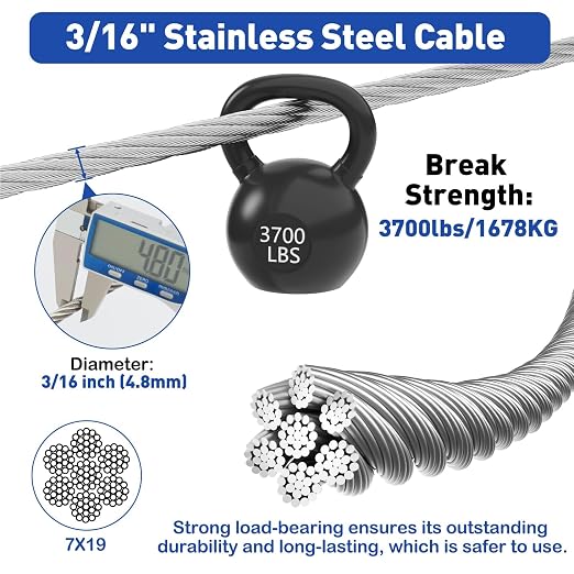 TooTaci 3/16" Stainless Steel Cable, 100ft Wire Rope - Image 4
