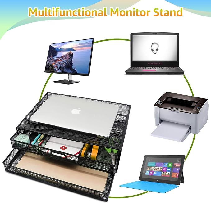 Computer Monitor Stands with Drawers, Metal Mesh Desktop Monitor Riser - Image 6