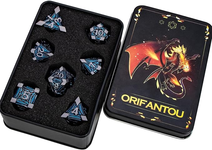 7PCS Metal DND Dice Set with Box, Debris RPG Black Blue D and D Dice - Image 6