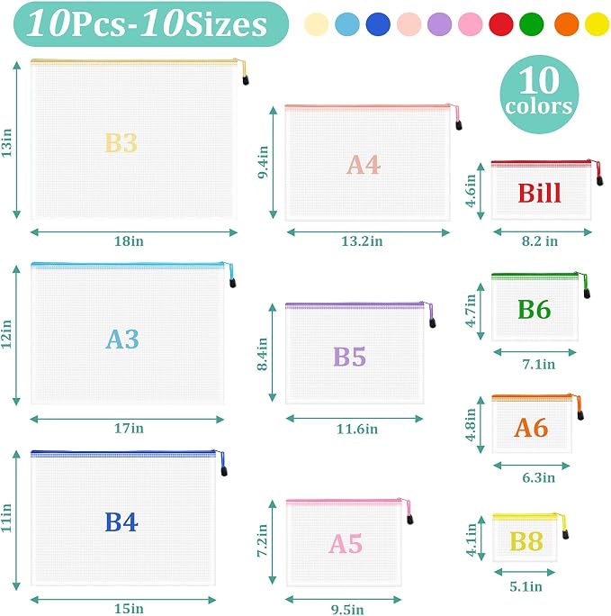 10pcs Mesh Zipper Pouch Bags, 10 Sizes Zipper Bags - Image 2