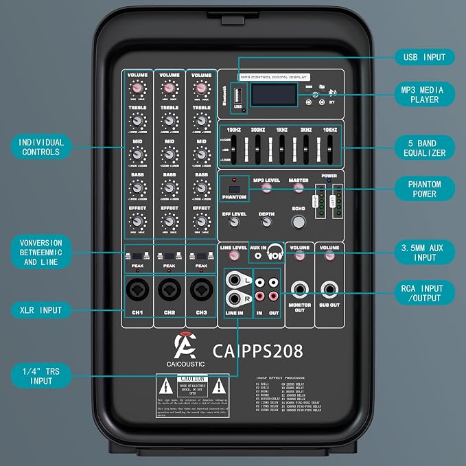 All-in-One 2-Way PA Speaker System DJ Mixer Bundle, 300W 8-Channel Mixer - Image 5