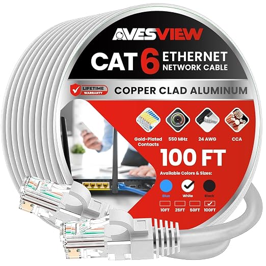 CAT 6 100 ft Ethernet Cable, Indoor High-Speed 10Gbps Snagless Long CAT6 100FT by AvesView