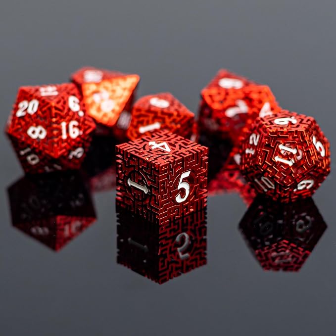 Red Metal Hollow DND Dice Set Metallic Luster Maze Design - Image 2
