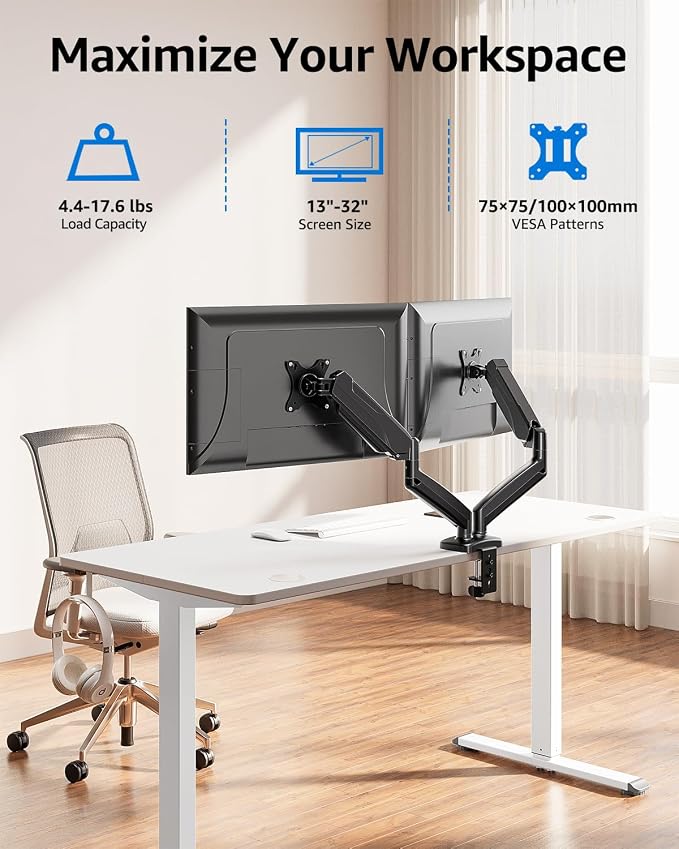 MOUNTUP Dual Monitor Stand for Desk, Pneumatic Monitor Arms for 2 Monitors Max - Image 2