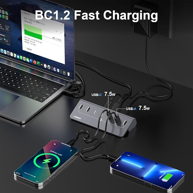 FIDECO Powered USB Hub, 7 Port 10Gbps Fast Data Hub - Image 4