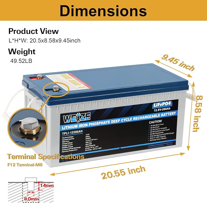 Weize 12V 200Ah LiFePO4 Lithium Battery, Built-in Smart BMS, 8000+ Deep Cycles - Image 2