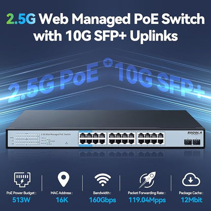 SODOLA 24 Port 2.5Gb PoE Switch Easy Smart Managed 24 PoE+ Port @500W, 2 x 10G - Image 3