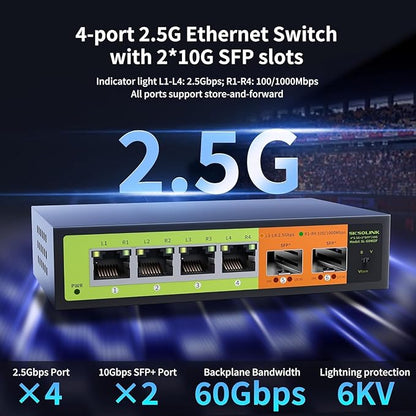 6 Port 2.5G Unmanaged Switch, 4×2.5G RJ45 + 2×10G SFP+, Fanless Metal, - Image 2