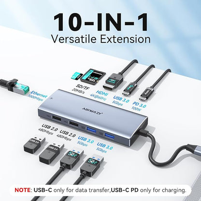 USB C Hub Adapter for MacBook Pro Air, 10 in 1 USB C to USB HDMI Ethernet Hub - Image 2