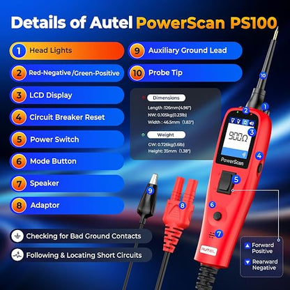 Autel PowerScan PS100 Automotive Circuit Tester 2.0, 12-24V Power Circuit Probe - Image 8