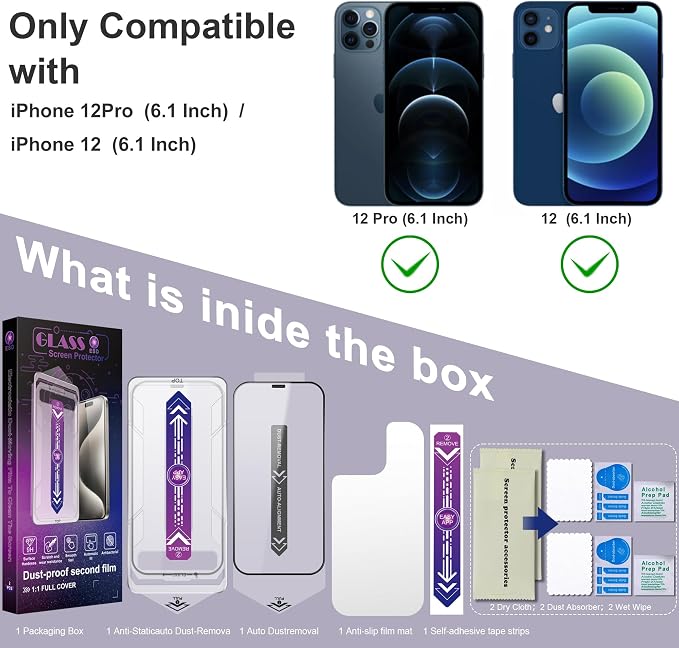 2 Pack Screen Protector for iPhone 12 Pro/iPhon 12, 9H Tempered Glass, Full - Image 7