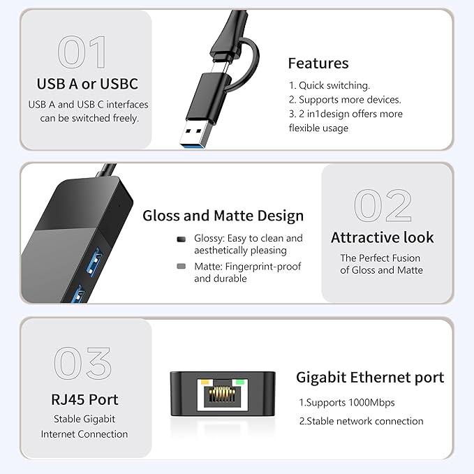 ALL-LUCKY USB to Ethernet Adapter, 4 in 1 USB C to Ethernet Adapter Hub - Image 4