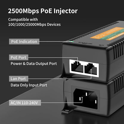 2.5Gb PoE Injector Adapter 60W, IEEE 802.3bt/at/af Compliant, Converts Non-PoE - Image 3