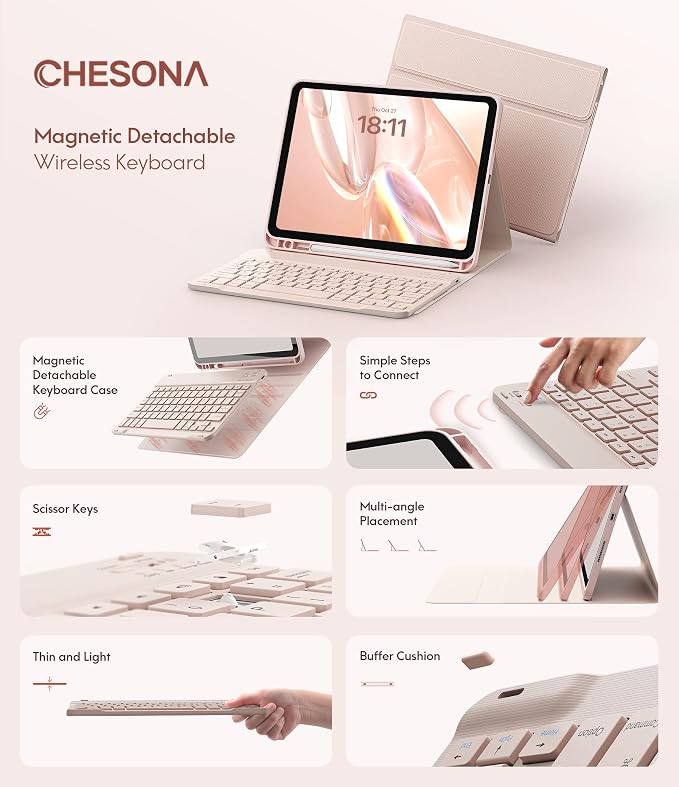 CHESONA Keyboard Case for iPad 11th/10th Generation, Detachable Wireless - Image 3