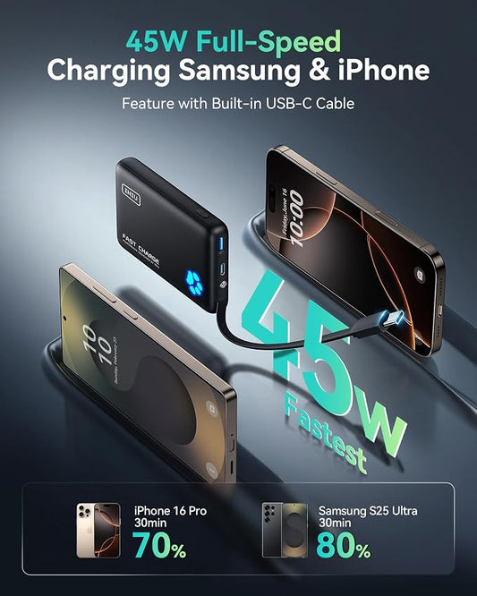 INIU 45W Portable Charger, 10000mAh Built-in USB C Cable Fast Charging Power - Image 2