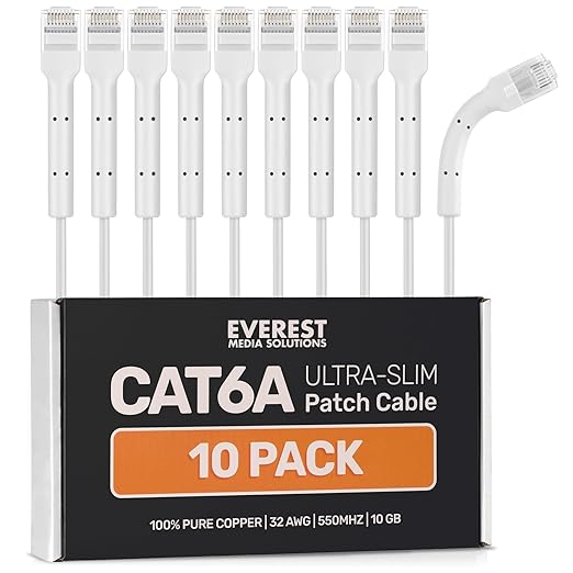 Everest Ultra Slim Cat6a Ethernet Patch Cables 1.5ft White by EverestMediaSolutions