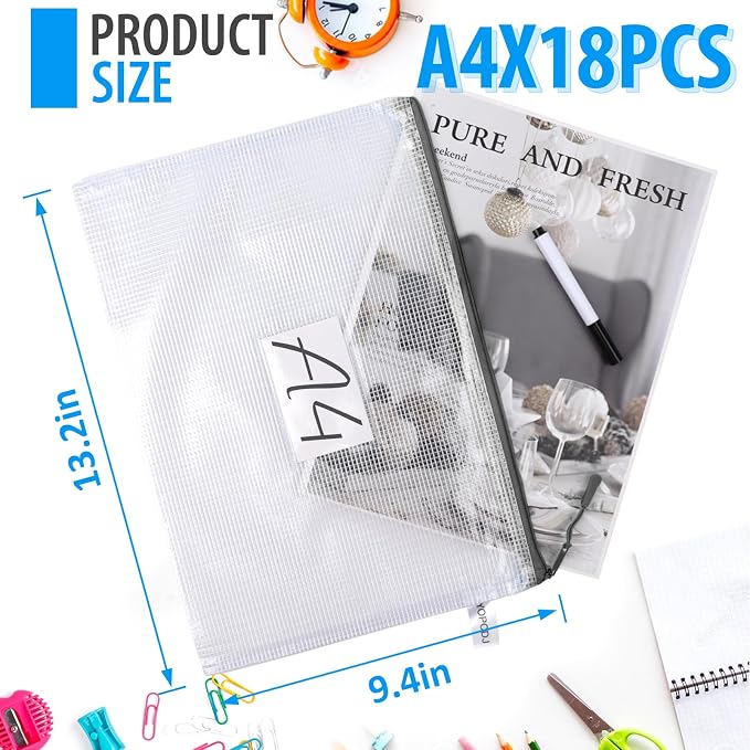 18 Pack A4 Mesh Zipper Pouch Bags, Zipper Pouches of Office Supplies, File Bags - Image 2