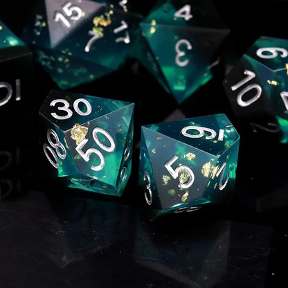 Haxtec Sharp Edge DND Dice Set Blue Black Resin Dice Gold Flakes D&D Dice - Image 3