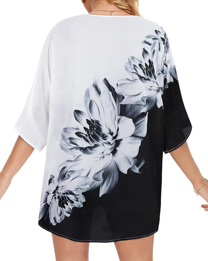 Women's Floral Print Puff Sleeve Kimono Cardigan Loose Cover Up Casual Blouse - Image 5