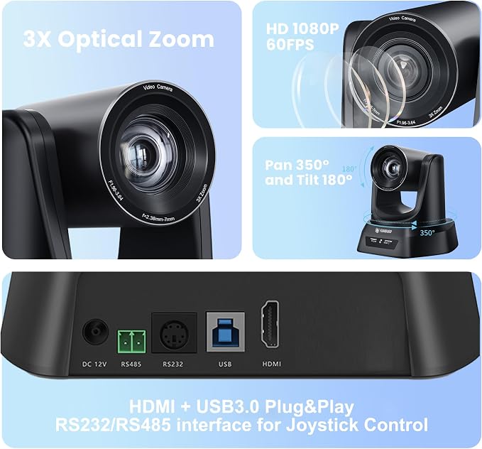 TONGVEO 3X Optical Zoom PTZ Camera HDMI USB 3.0 1080P 60fps 114-Degree - Image 2
