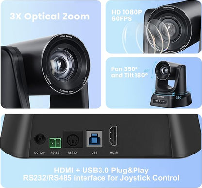 TONGVEO 3X Optical Zoom PTZ Camera HDMI USB 3.0 1080P 60fps 114-Degree - Image 2