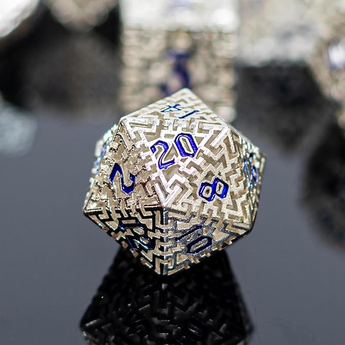 Silver Metal Hollow DND Dice Set Metallic Luster Maze Design - Image 4