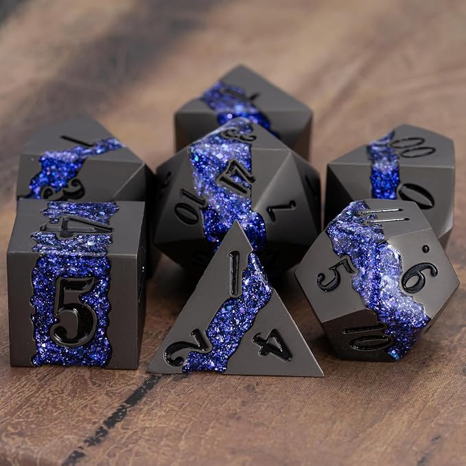 Metal DND Polyhedral Dice, Large Stripe Glitter Metallic Dice Set, Antique - Image 5