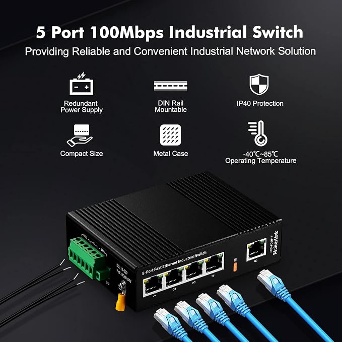 MokerLink 5 Port Industrial DIN-Rail Network Switch, 10/100Mbps Fast Ethernet - Image 2