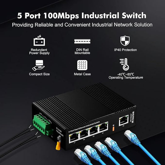MokerLink 5 Port Industrial DIN-Rail Network Switch, 10/100Mbps Fast Ethernet - Image 2