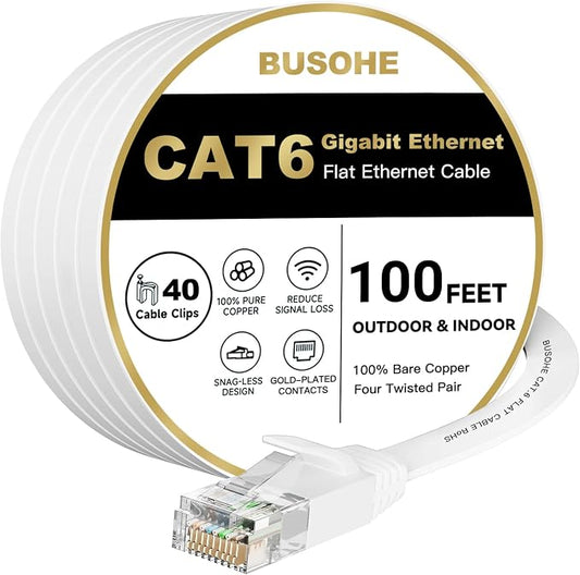 BUSOHE Cat6 Ethernet Cable 100 FT White, Cat-6 Flat Internet LAN Network by BUSOHE