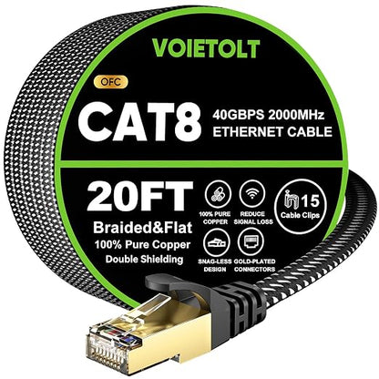Cat 8 Ethernet Cable 20 FT Flat, High Speed 40Gbps 2000Mhz Braided Internet by EthernetCable