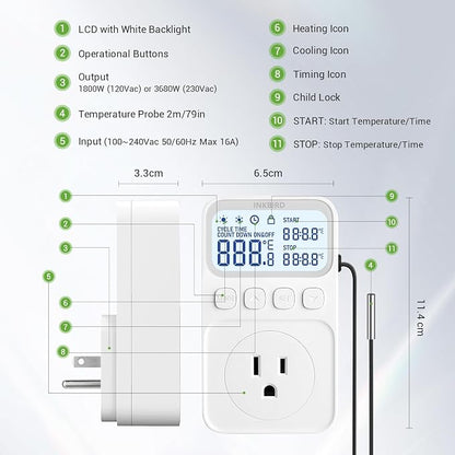 INKBIRD Plug in Thermostat 15A 1800W, Programmable Heating Cooling Digital - Image 8