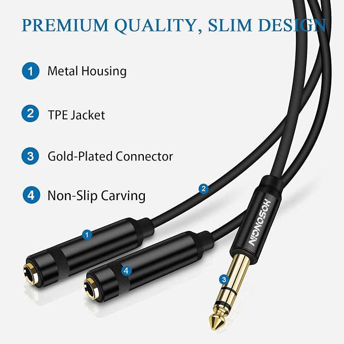 HOSONGIN 1/4" Stereo Splitter Cable, 1/4 Inch TRS Male to Dual TRS Female Y - Image 6