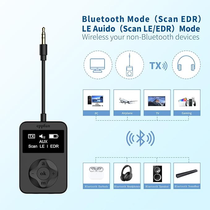 eppfun Bluetooth Auracast Transmitter, AptX Lossless, AptX HD, USBC/3.5mm Aux - Image 3