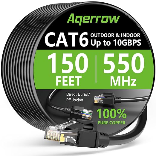 Aqerrow Cat6 Ethernet Cable 150FT, Outdoor Direct Burial Cat 6 Cable 24AWG High by EthernetCable