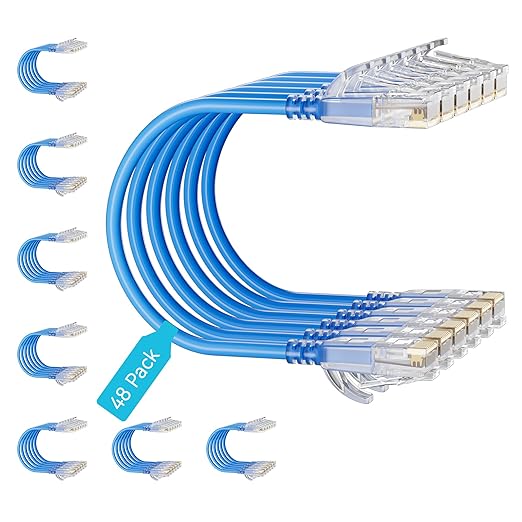 Cat6 Slim Patch Cables 1 Feet 48-Pack Blue, Cat6a Patch Cables 10Gbps 550MHz by Unknown