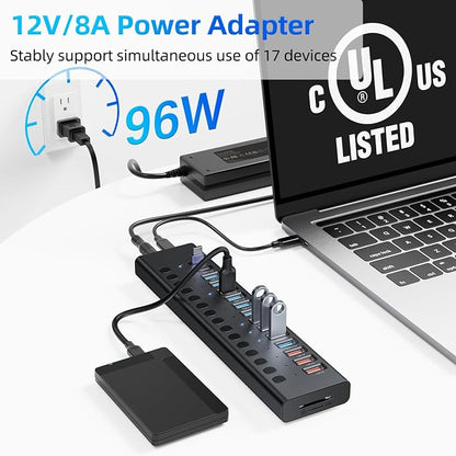 Powered USB Hub 10Gbps, 17 Ports 96W USB 3.2 Hub, 12V/8A Power Adapter - Image 4