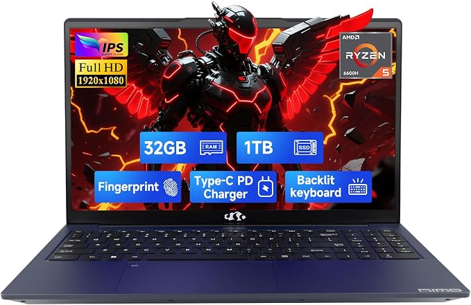 NIMO 15.6" IPS FHD-Gaming-Laptop, 6 Cores AMD Ryzen 5 6600H 32GB DDR5 RAM 1TB by Nimo
