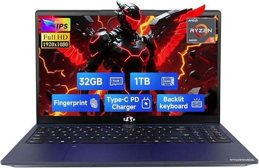 NIMO 15.6" IPS FHD-Gaming-Laptop, 6 Cores AMD Ryzen 5 6600H 32GB DDR5 RAM 1TB by Nimo