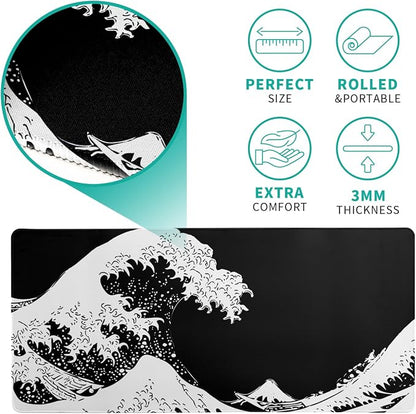 Japanese Sea Wave Large Mouse Pad, Abstract Black Gaming Mousepad, Extended - Image 5