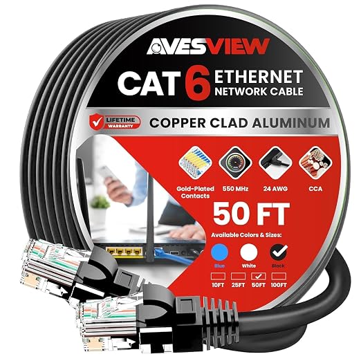 CAT 6 50FT Ethernet Cable, Indoor High-Speed 10Gbps Snagless Long CAT6 Ethernet by AvesView