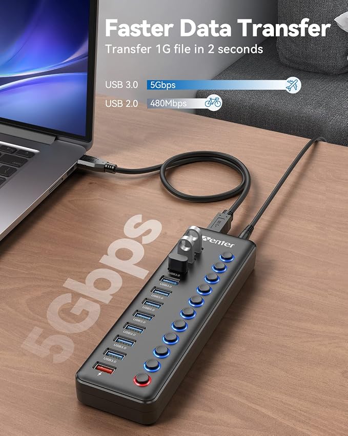 Powered USB Hub, Wenter 11-Port USB Splitter Hub - Image 3