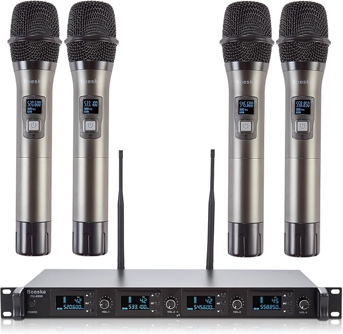 Wireless Microphone System, 4-Channel UHF Wireless Mic, Fixed Frequency Metal by Boeska